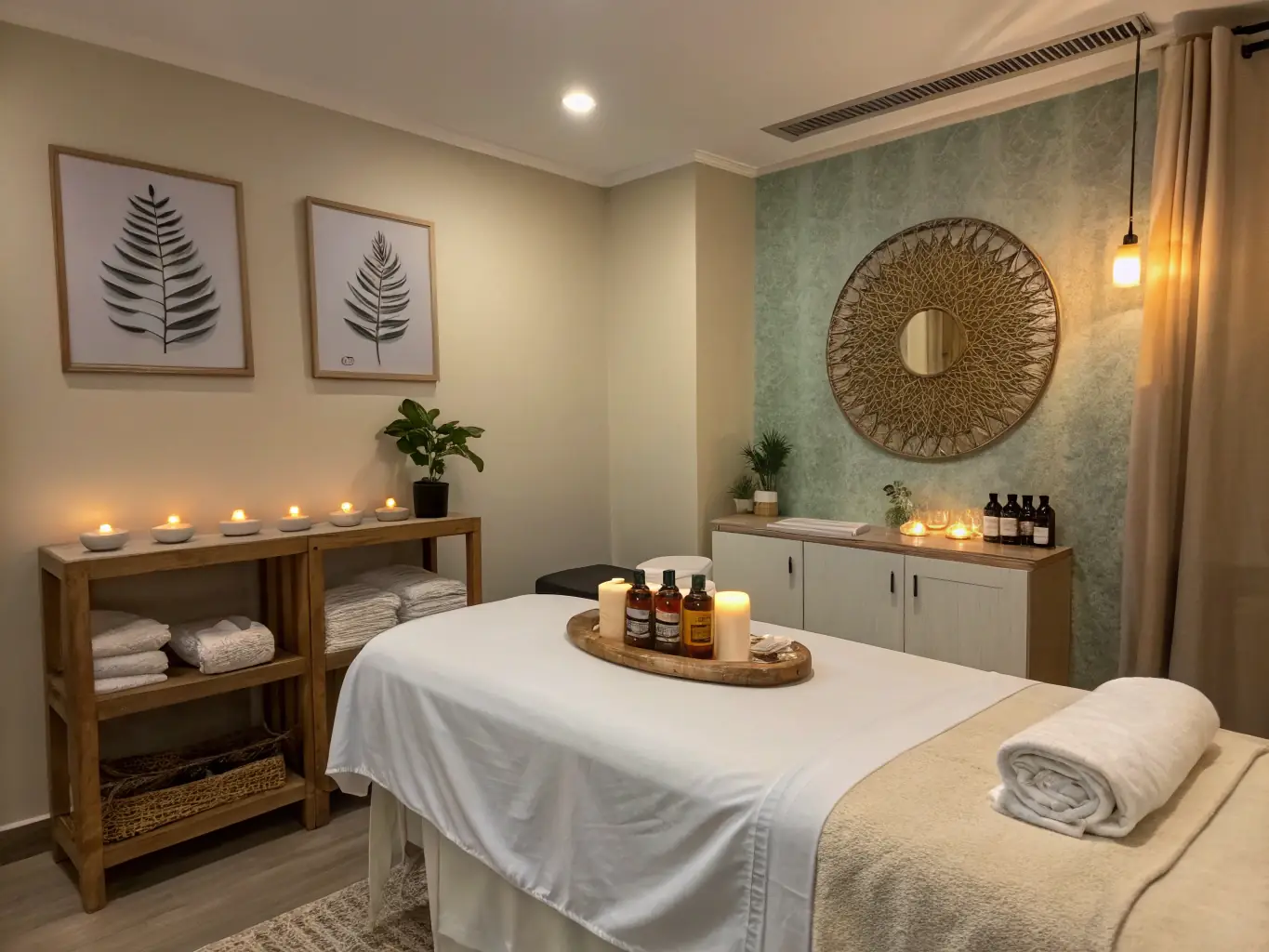 A serene massage therapy room with soft lighting, featuring a massage table with clean linens, essential oil diffusers, and a plant in the corner, creating a calming and inclusive atmosphere.
