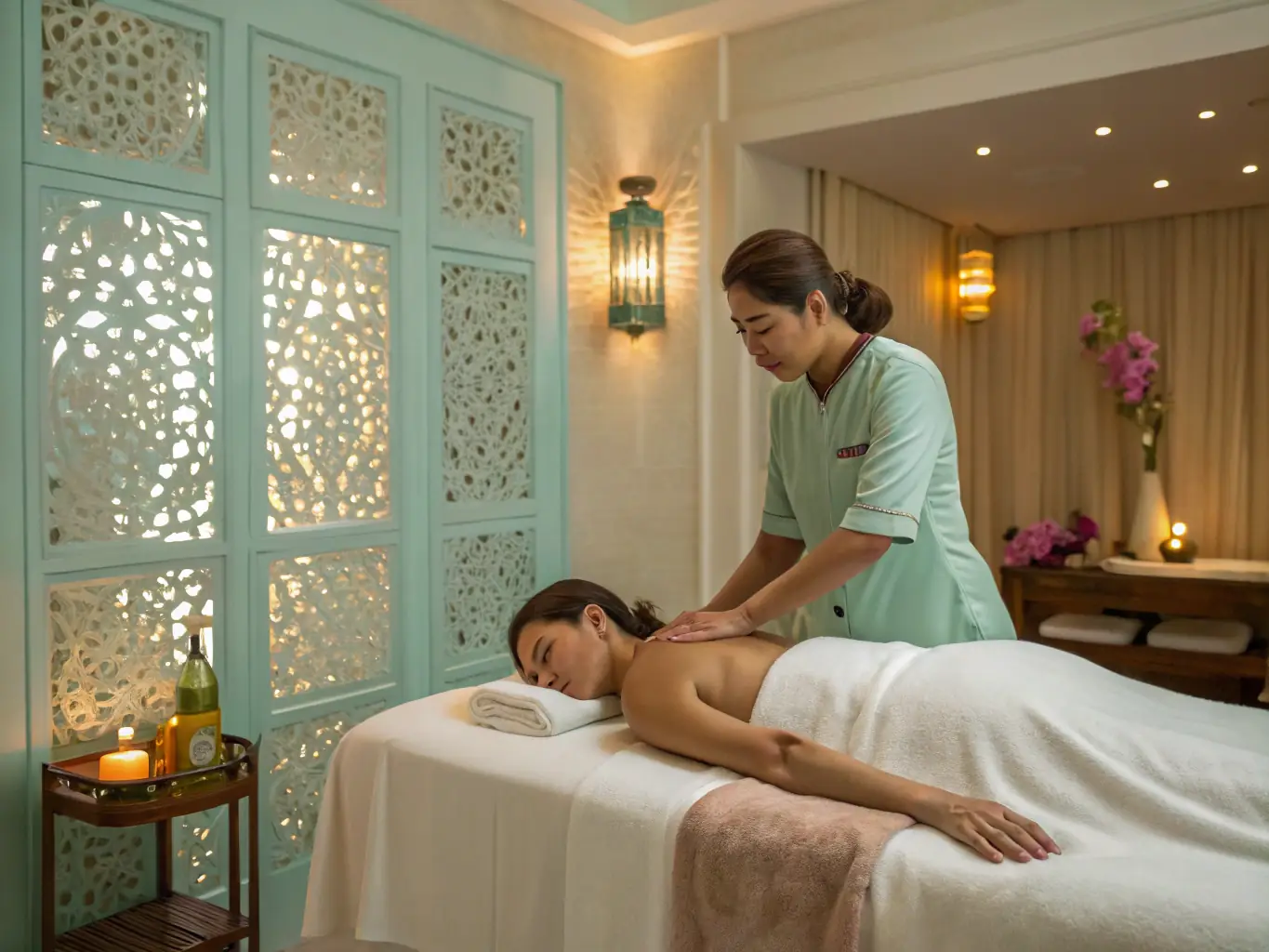 A person receiving a relaxation massage in a dimly lit room, with soft music playing in the background, creating a peaceful and stress-free environment.