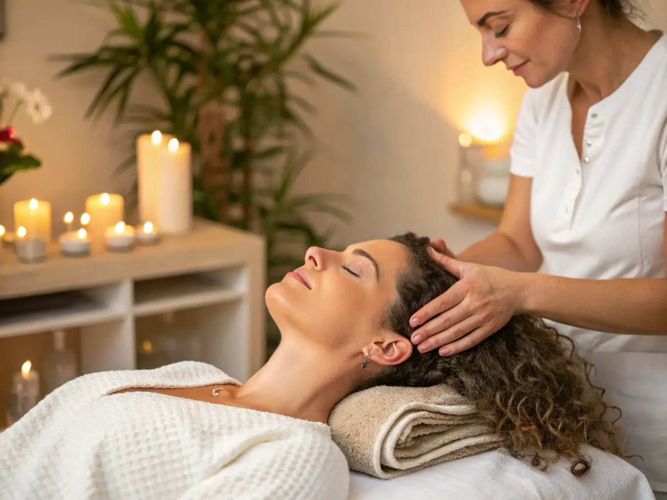 A calming image of a person receiving a head massage in a dimly lit, spa-like setting, focusing on stress reduction and mental clarity.