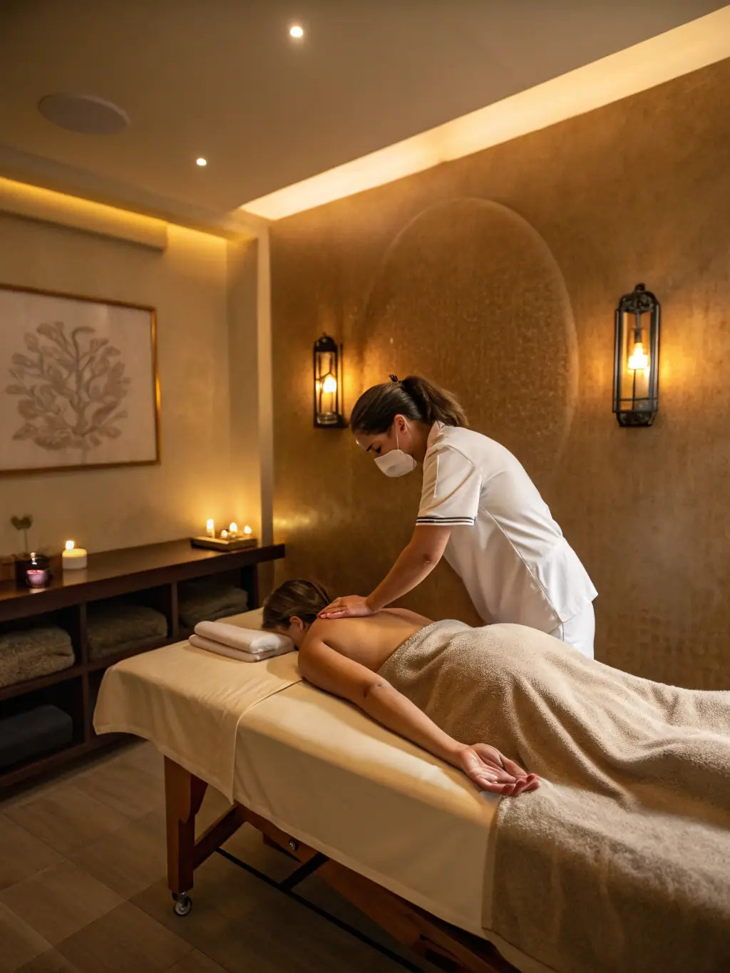 A serene image of a client receiving a relaxation massage, with soft lighting and calming decor creating a peaceful atmosphere.