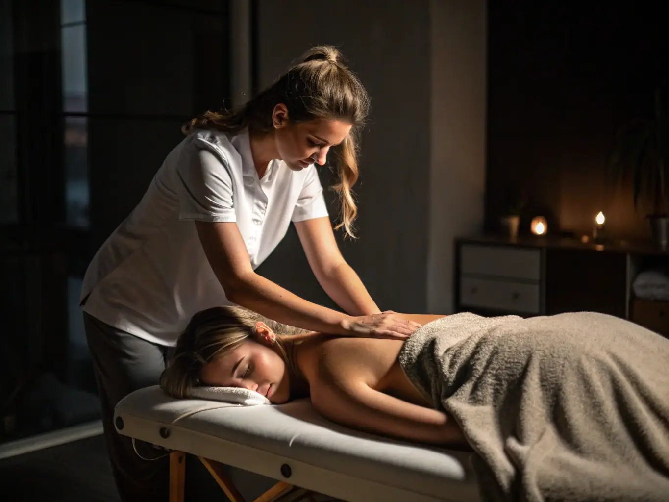 A massage therapist applying pressure to a client's back muscles, focusing on specific trigger points to release tension and alleviate pain.
