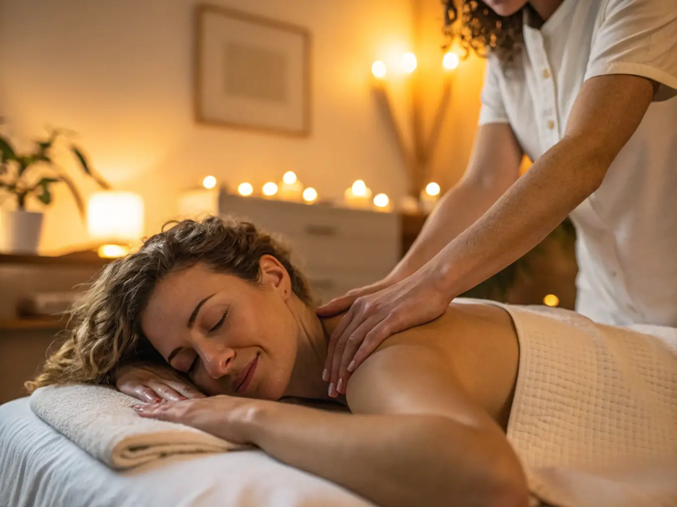 A serene image of a massage therapist gently working on a client's back in a softly lit room, emphasizing relaxation and care.