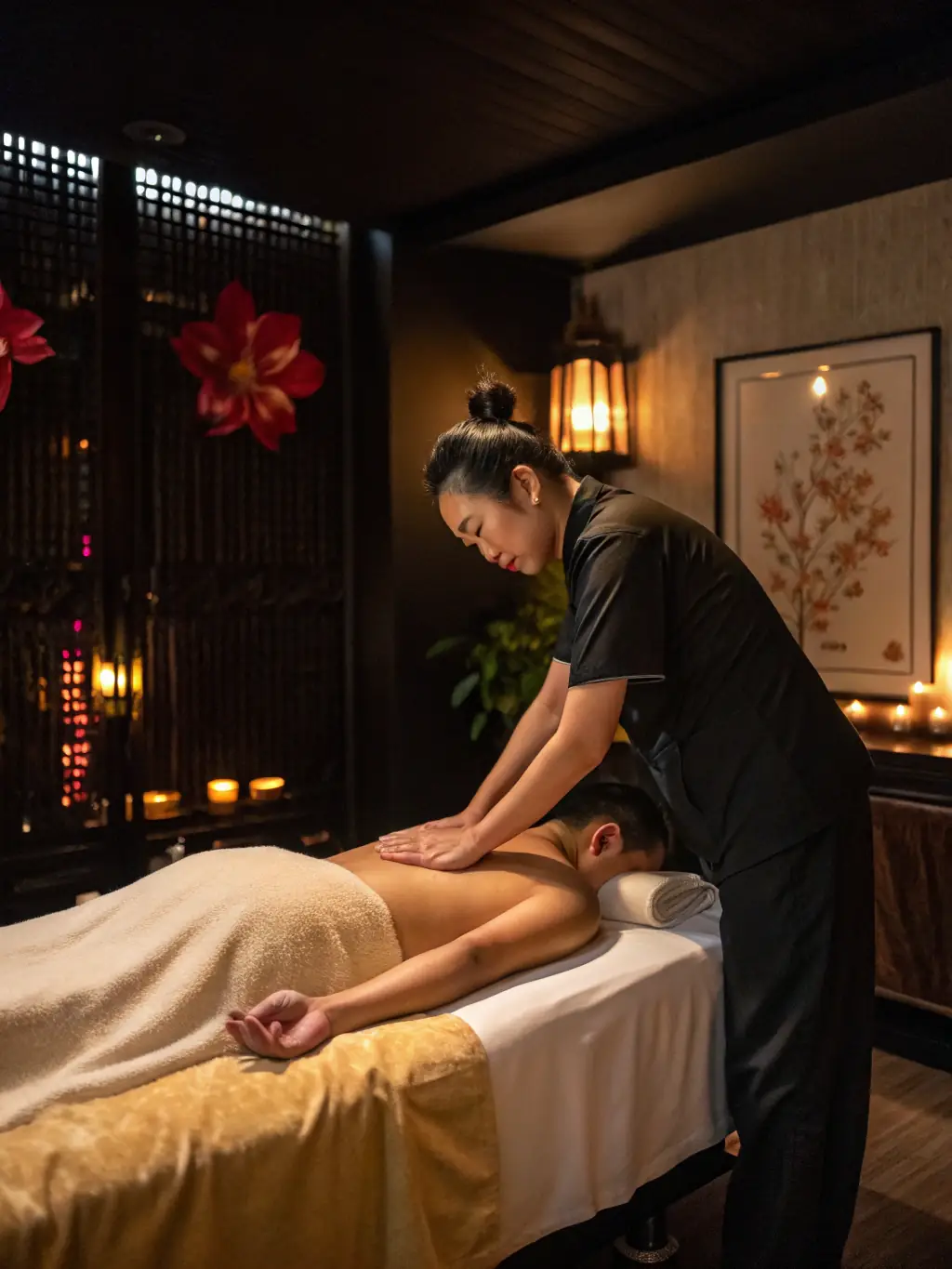 An image of a massage therapist performing a therapeutic massage on a client's shoulder, focusing on releasing muscle tension. The setting is a bright, clean, and welcoming spa environment.
