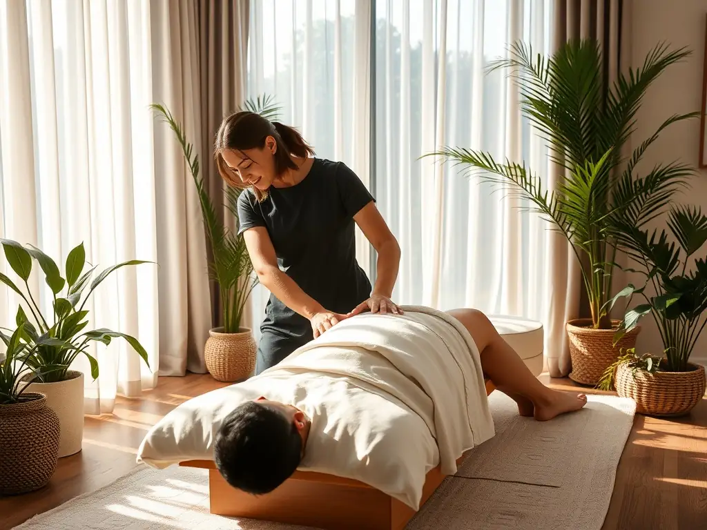 A serene image of a massage therapist gently working on a client's back, focusing on releasing tension in the shoulder muscles. The setting is a brightly lit, spa-like room with natural light streaming in.